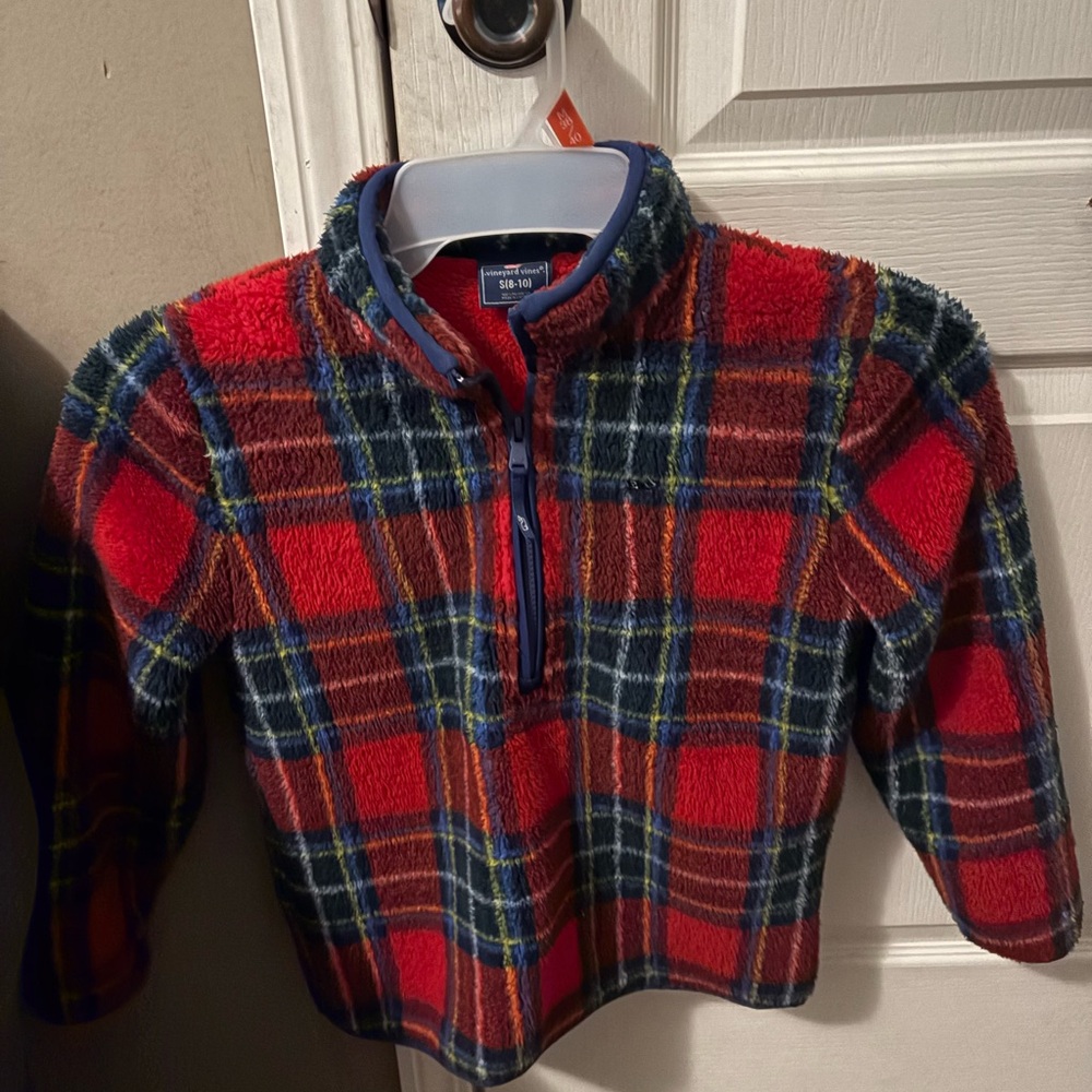 Vineyard Vines Fleece Pullover Boys red and blue plaid sz 8-10